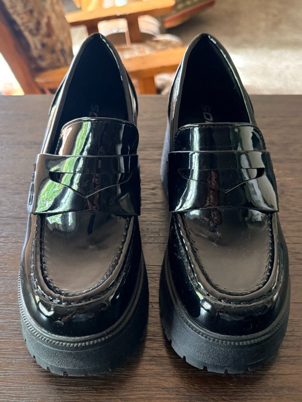 Soda Black Patent Chunky Heel Loafers